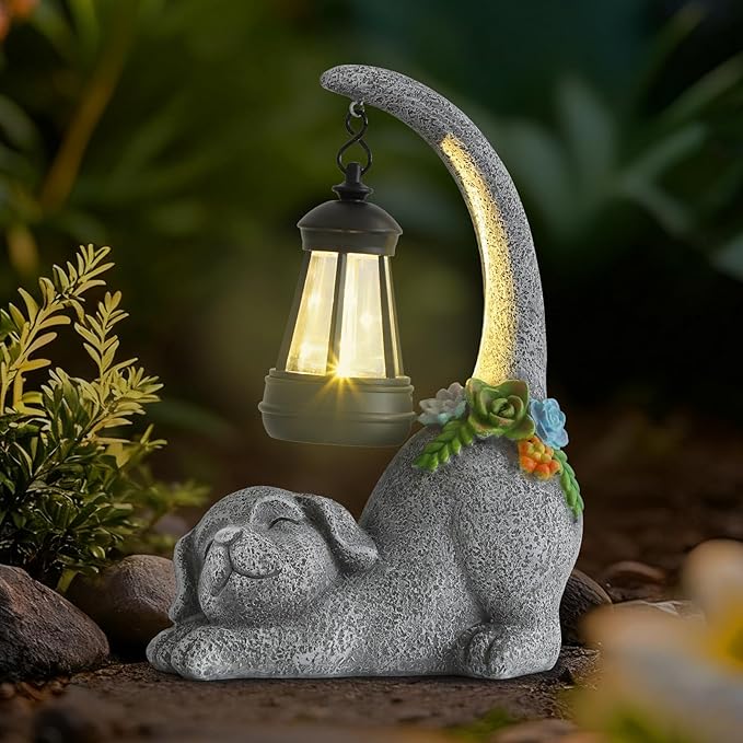 Garden Cute Dog Gnome Statue Decorations - Solar Resin Dog with Solar Garden Lights Outdoor Decorations for Patio,Yard,Lawn,