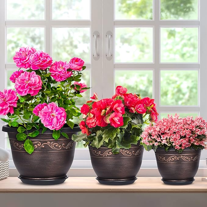 Plastic-Plant-Flower-Planters-10 Inch With Drainage Hole & Saucer, 3 Packs Lightweight Small Resin Flower Pot Indoor Outdoor, Retro Antique Imitation Decorative Garden Containers Sets For Houseplants