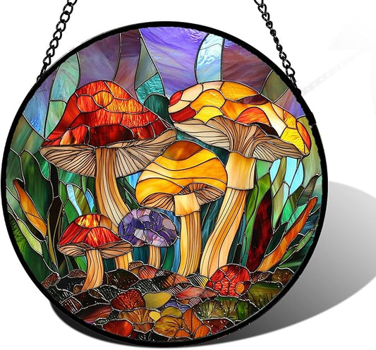 Stained Glass Window Hanging, Jungle Mushrooms Sun Catchers Diamond Glass Panel Hangings Plant Suncatcher Decor for Birthday for Women, Men, Wife, Aunt, and Mom 11.8x11.8 in