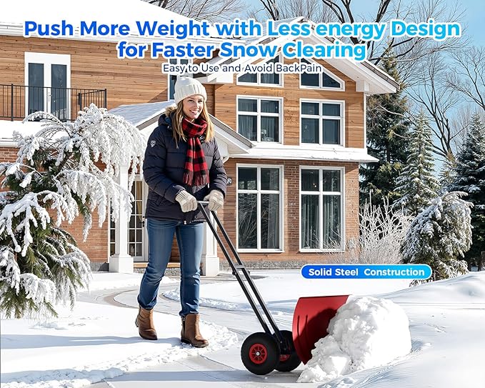 Garvee 29" Snow Pusher Shovel with Wheels,Heavy Duty Steel Snow Shovel with Wheels,Angled Blade Efficient Snow Removal With5-Position Angled Blade & Adjustable Handle for Doorway, Sidewalk, Red