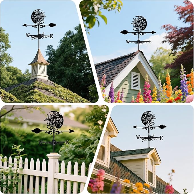 Sun and Moon Face Weather Vane, Black Metal Weathervane Roof Mount, Wind Direction Indicator Wind Measuring Tool Outdoor, Wind Vane Ornament Decoration for Shed Garden Yard Farmhouse Patio Decor