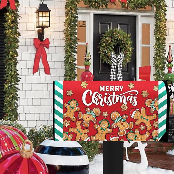 Merry Christmas Gingerbread Man Mailbox Cover Magnetic Standard Size 21" x 19", Red Xmas Decorative Post Letter Box Wrap Decor, Funny Winter Holiday Garden Yard Outdoor Decoration