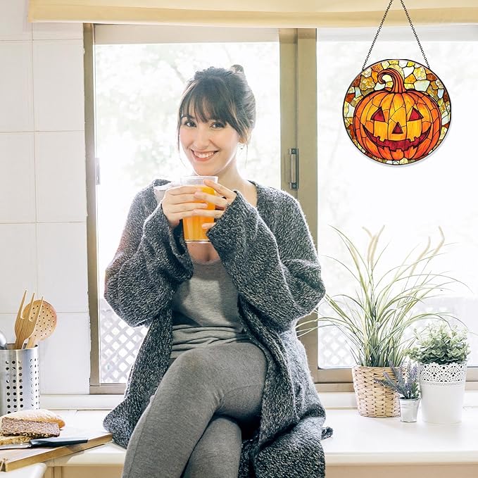 Pumpkin Stained Glass Window Hanging Horror Sun Catcher Decor Halloween Suncatchers for Garden Home Windows Hanging Decoration, 7.87inch