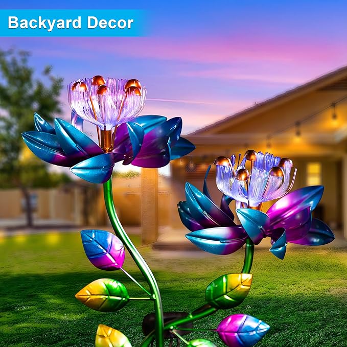 55'' Solar Powered Kinetic Wind Spinner Sculpture Blue Lotus Metal Stake Spinner for Patio, Lawn and Garden Decor Weather-Resistant Outdoor Art with Dual Lotus Design