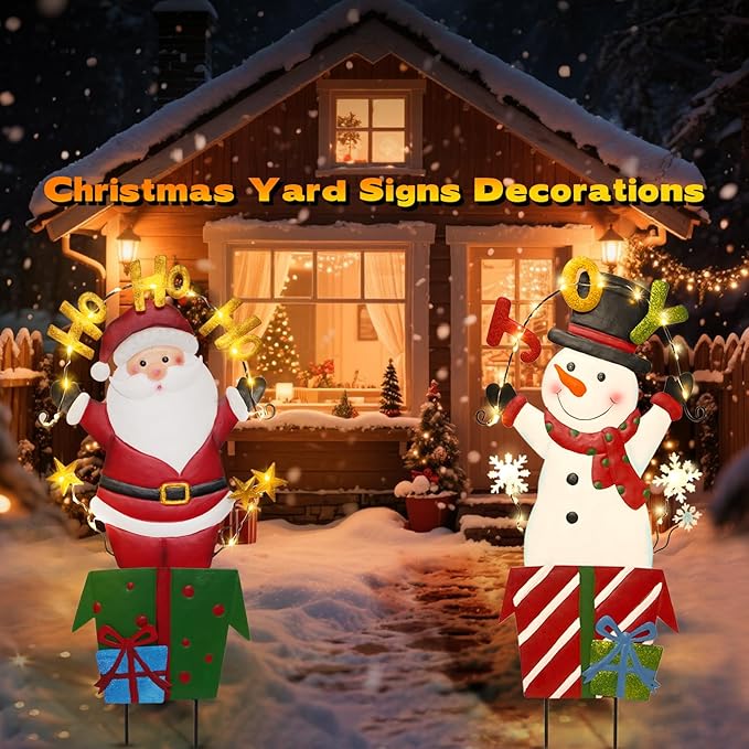 Christmas Outdoor Yard Signs Decorations, LED Solar Metal Garden Stake Lights with Joy for Patio Lawn Christmas Decor (Snowman&Santa Claus)