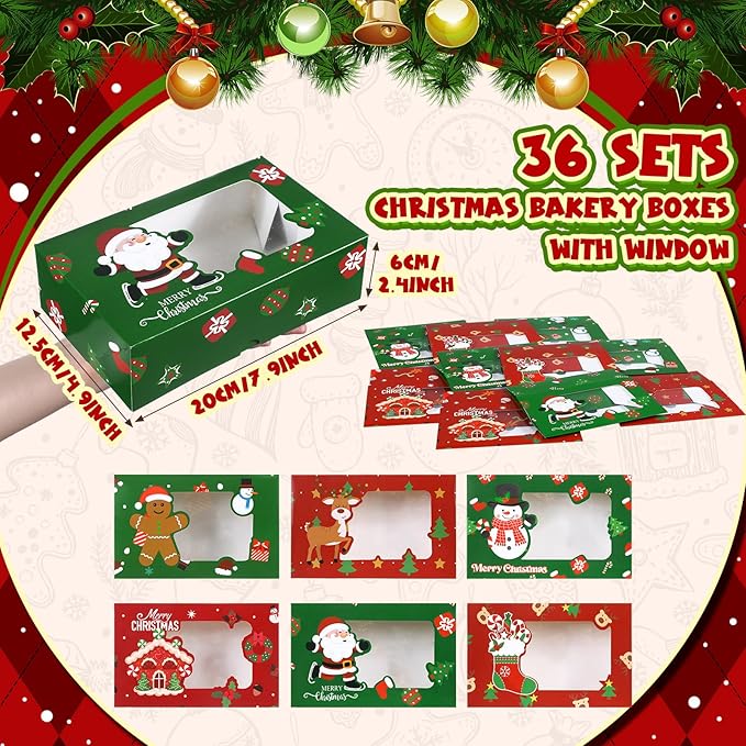 36 Pcs Christmas Cookie Boxes with Clear Window, Holiday Bakery Box Goodie Box Candy Boxes Treat Containers for Food Cupcake Brownies Donuts Gift Giving, 6 Designs(Classic)