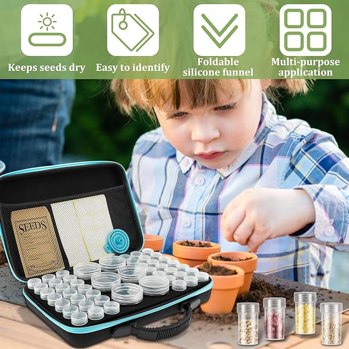 48 Slots Seed Storage Organizer, Garden Seeds Saver Kit with 7 Seed Envelopes, Label Sticker, Funnel for Flower Plants Vegetable Seeds Saving