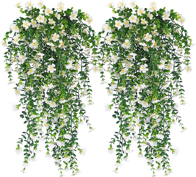 RECUTMS Artificial Flowers for Outdoors Fake Hanging Plants 4 Pcs UV Resistant Silk Daisy Flower Realistic Faux Trailing Vine for Wall Yard Porch Balcony Indoor Outdoor Planters (White)