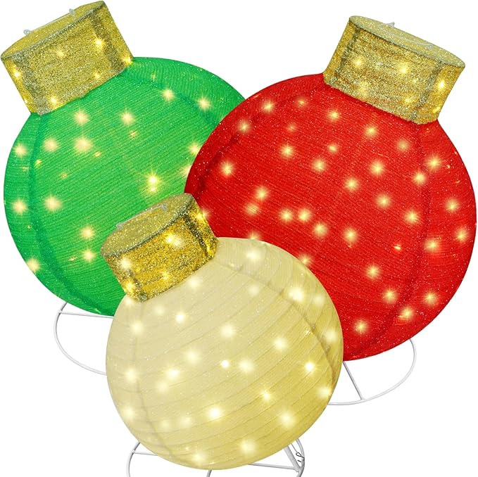 Giant Lighted Pop-Up Christmas Ornaments for Outdoor Display, 3-Piece Holiday Ball Decorations with 240 LEDs, Red/Green/White for Yard or Lawn