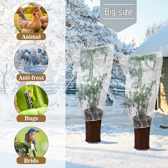ANPHSIN 6 Pcs Winter Plant Film Cover with Drawstring - 35" x 59" Plastic Plant Cover Freeze Protection Transparent Waterproof Plant Shelter Bag for Outdoors Garden Plants Shrubs Sapling Crops