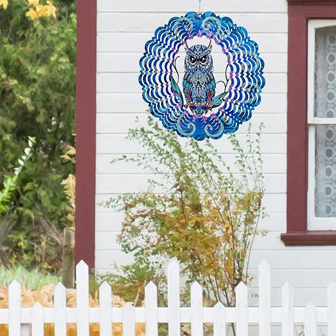 Owl Metal Wind Spinners Outdoor - 12 Inch Stainless Steel Hanging Wind Spinner for Yard Garden Art Decoration Surprising Gifts for Owl Lovers