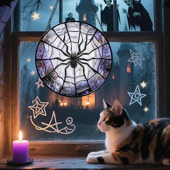Stained Glass Window Hanging Funny Black Spider 15" - Suncatcher Door Garden Sunroom Sun Catcher Fall Decor Birthday Halloween for Friend Mom Men Woman Nana
