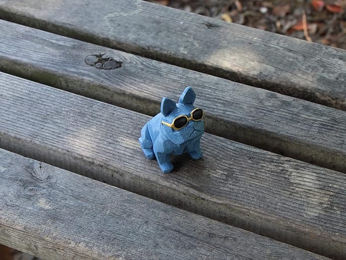 Unique Mini Geometric Dog Doggy Bulldog Figurine with Sunglasses Deep Blue, Animal Statues, Home Garden Bar Décor Ornament