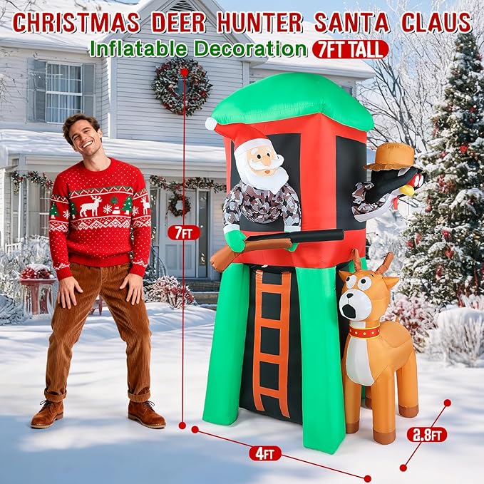 Christmas Inflatable Outdoor Decorations, 7FT Inflatables Camouflage Santa Claus Deer Hunter Yard Decor with Penguin, LED Lights Blow up Giant Reindeer for Holiday Indoor Outside Lawn Garden