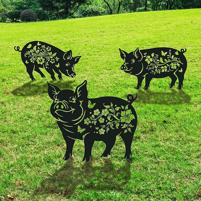 Pig Decorative Garden Stakes Gifts, 3PCS Metal Pig Garden Statues Decor for Outside, Black Silhouette Yard Lawn Outdoor Gifts for Women Men Pig Lovers