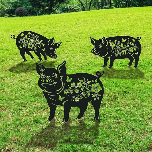 Pig Decorative Garden Stakes Gifts, 3PCS Metal Pig Garden Statues Decor for Outside, Black Silhouette Yard Lawn Outdoor Gifts for Women Men Pig Lovers