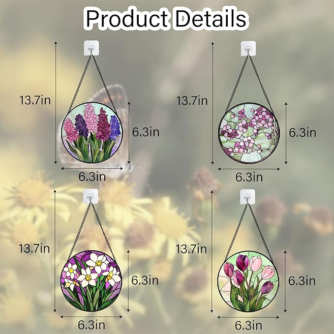 Stained Glass Window Hanging 4 Pcs Set Tulips Plum Flower Daffodils Hyacinths 6.3" - Suncatcher Door Garden Sun Catcher Decor Birthday Mother's Day for Mom Woman Nana