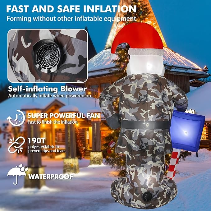 Christmas Inflatable Outdoor Decoration, 7FT Giant Blow Up Camouflage Santa Claus Xmas Decorations Soldier Army Gift, Built-in LED Lights Holiday Decor for Indoor Outside Lawn Garden