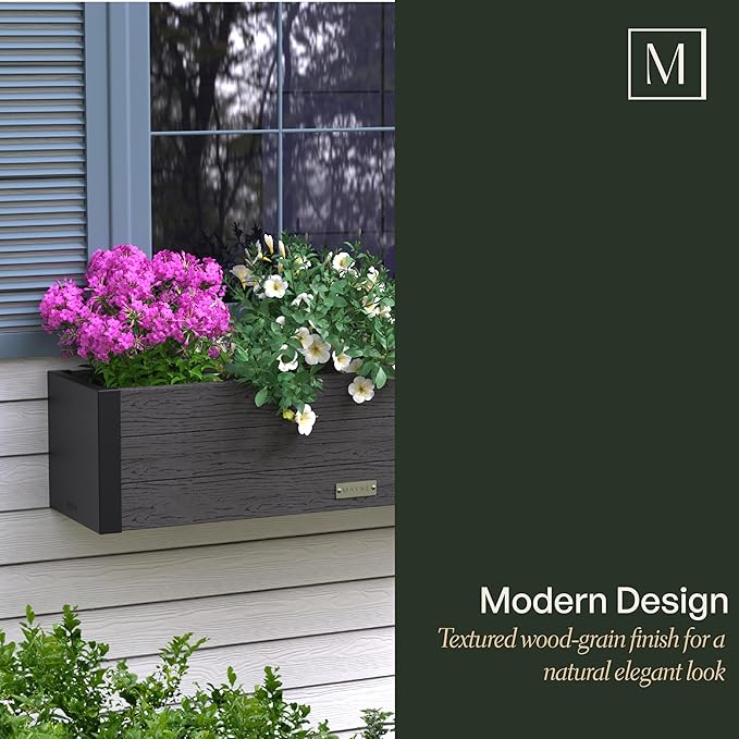 Mayne Horizon 3FT Window Box Planter – Modern Rectangular Faux Wood Grain Design for Windows, Durable All-Season Outdoor Flower Box with Drainage, Easy Installation