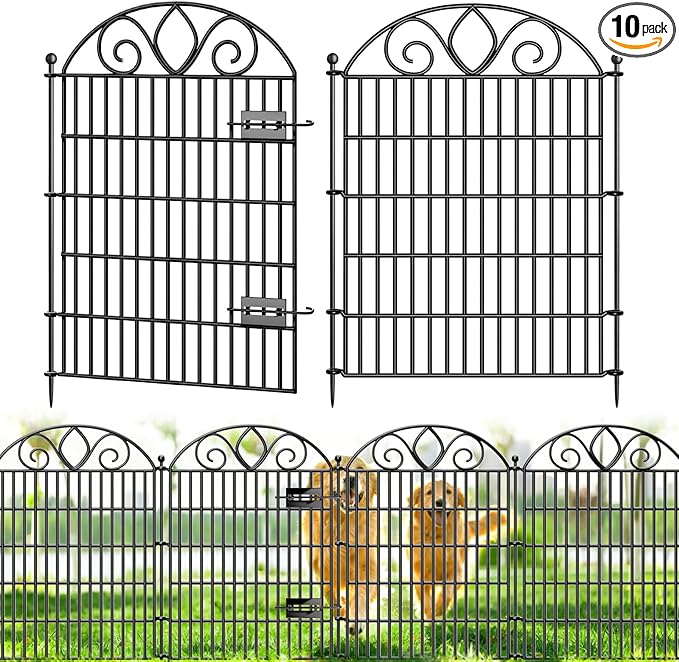 10 Panels No Dig Tall Garden Fence with Gate – 34" H X 22' L Rustproof Metal Dog Fences Outdoor for Yard, Decorative Animal Barrier Fence for Pet, Garden Border, Patio, Flower | Temporary Fencing