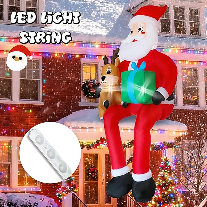 DearSun 10FT H Christmas Inflatable Sitting Santa Claus with Build-in LED Lights, Blow up Santa Claus with Gift Bag and Deer Sitting on Roof Wall Tree Chair Indoor Outdoor Decor