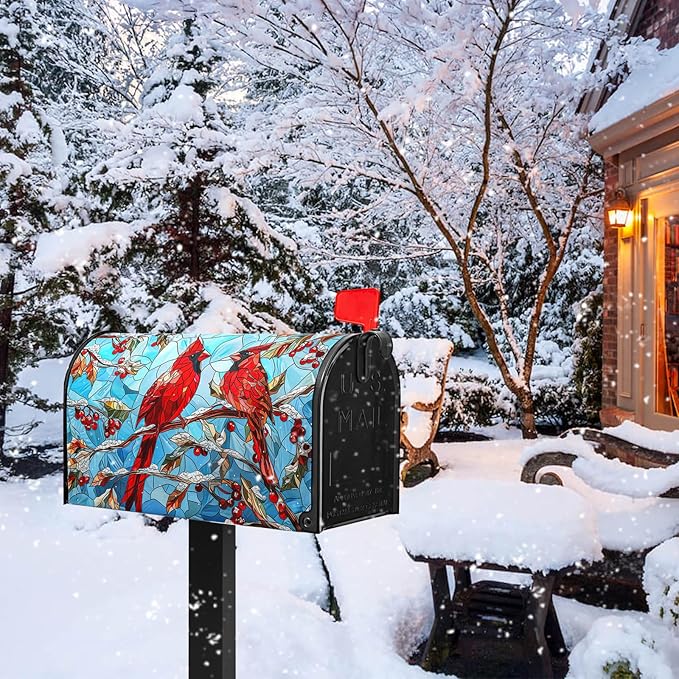 Cardinal Bird Magnet Mailbox Covers Winter Mailbox Cover Magnetic Standard Size 21x18 inch Holly Berry Postbox Covers for Outdoor Garden Decor