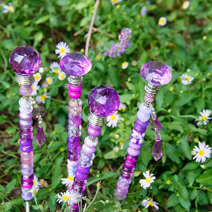 Exway 100 PCS DIY Fairy Wand Beaded Garden Stake Beads Kits with Purple Large Hole Beads 4 Crystal Stopper Top Threaded Rods and 4 Purple Sparkling Crystal Pendants for Outdoor Indoor Decor