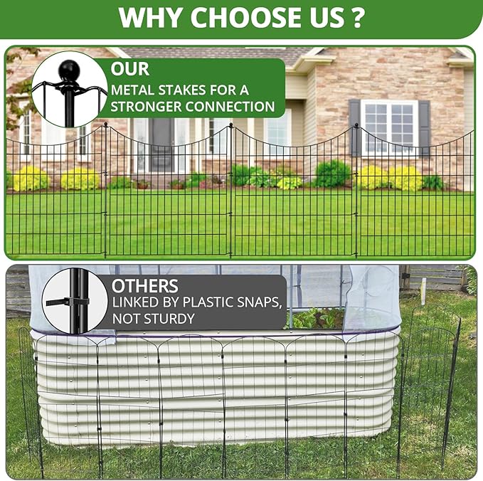10 Panels No Dig Decorative Garden Fence for Yard, 32 in(H) X 24 ft(L) Rustproof Metal Wire Animal Barrier Fence for Dogs, Rabbits, Landscape Edging, and Patio with 11 Temporary Fencing Stakes