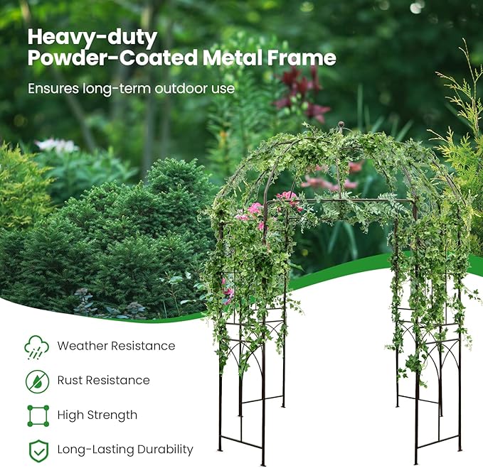 Giantex Birdcage Shape Garden Arbor, 8.4ft High x 7ft Wide, Metal Gazebo Arch Pergola Pavilion for Climbing Plants Party Wedding Ceremony Decor Outdoor, 16 Ground Stakes, Easy Assembly (Bronze)