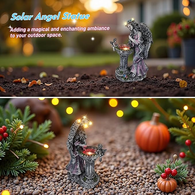 Solar Outdoor Figurine Lights Gnome Garden Decor Statue with LED Lantern, Glowing Fairy Yard Decorations for Outside Patio Yard Front Porch, Housewarming Home Decor Gifts Thanksgiving (Pink Angel)
