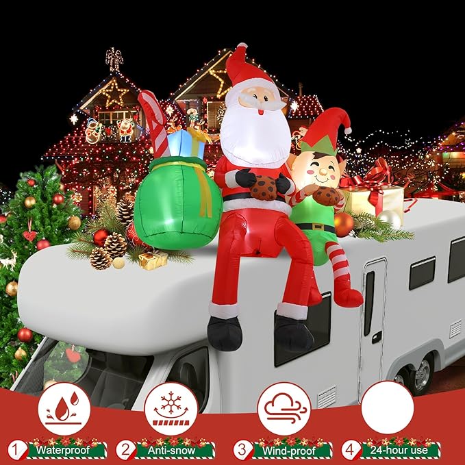 8FT Santa Claus Sitting on The Roof Christmas Inflatable Decoration with LED Lights, Suitable for Holiday Celebration Decorations in Courtyards, Lawns, Terraces, etc.