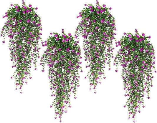 SJL Faux Hanging Plant 4 Pack Hanging Vines Plants Indoor Realistic Artificial Fake Small Hang Plant Leaves Faux Outdoor Plants Plastic Flowers Stem Decor for Wall Room Party (Fuchsia)