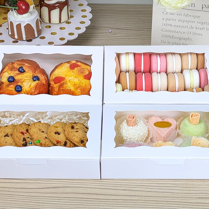 50pcs 7x4.5x1.5 Inches Cookie Boxes with Window White Dessert Boxes Pastry Boxes Small Gift Boxes Bakery Boxes Macaron Boxes Strawberry Boxes
