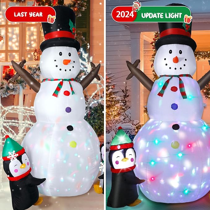 8FT Christmas Inflatable Snowman Outdoor Decorations, Christmas Blow up Snowman with Two Penguins Decoration, Built-in Colorful Rotating Lights for Holiday Xmas Party Lawn Yard Garden