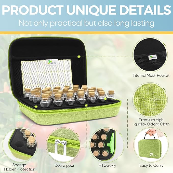【40 Slots】 Seed Storage Organizer, Sturdy Organizer Box with Dual Zipper Bag and 42Pcs Label Stickers, Glass Seed Storage Container for Flower Vegetable Plants Garden Seeds Saving, Green