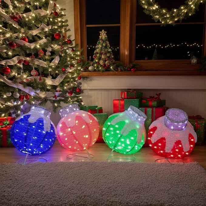 VINGLI 4 Packs Pop Up Ornaments Collapsible Christmas Decorations with 320 LED Lights, 18in Pre Lit Christmas Ball Holiday Decor for Indoor Outdoor Lawn Garden Patio, 4 Packs