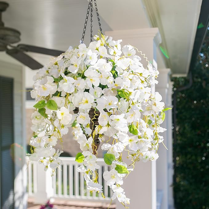 Artificial Hibiscus Fake Hanging Flowers Plants for Outdoor Spring Summer Decoration, 4pcs White Silk Hibiscus Long Trailing Vines UV Resistant Realistic Faux Flower for Outside Front Door Porch Patio
