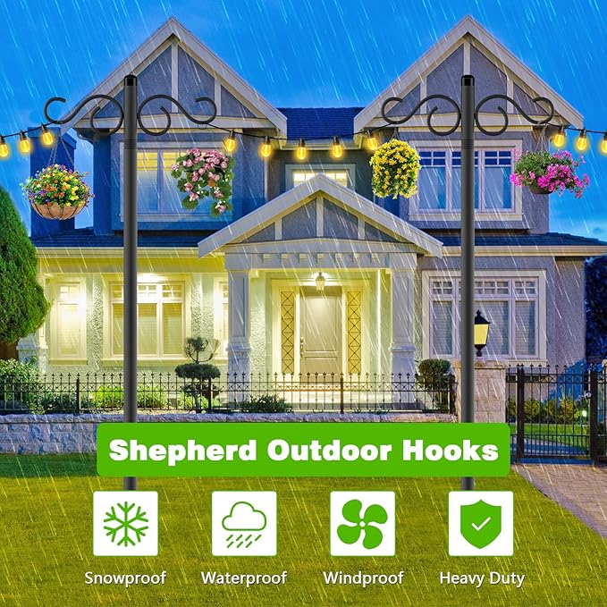 Double Shepherds Hooks for Outdoor,1 Pack 90 Inch Bird Feeder Pole with 5 Prongs Base,Heavy Duty Shepherds Hook,Suitable for Garden in Hanging Flower Basket,Lantern,Bird Nests (1 Pack 90 inch)