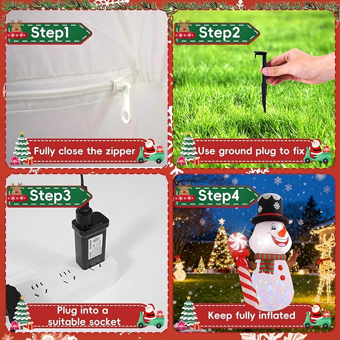 8FT Candy Cane Snowman Christmas Decoration with Built-in LED Lights and Colorful Rotating Lights, Christmas Outdoor Inflatable Decoration for Lawns, Yards, Gardens, and Patios
