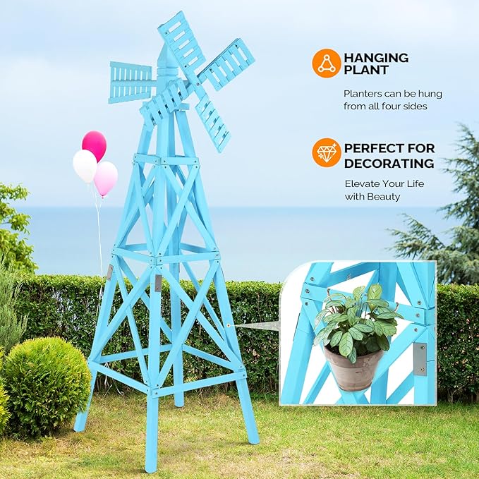 Wooden Windmill, Weather-Proof Wind Spinner, Outdoor Wind Mill for Garden Lawn Patio Decoration (Blue, Large)