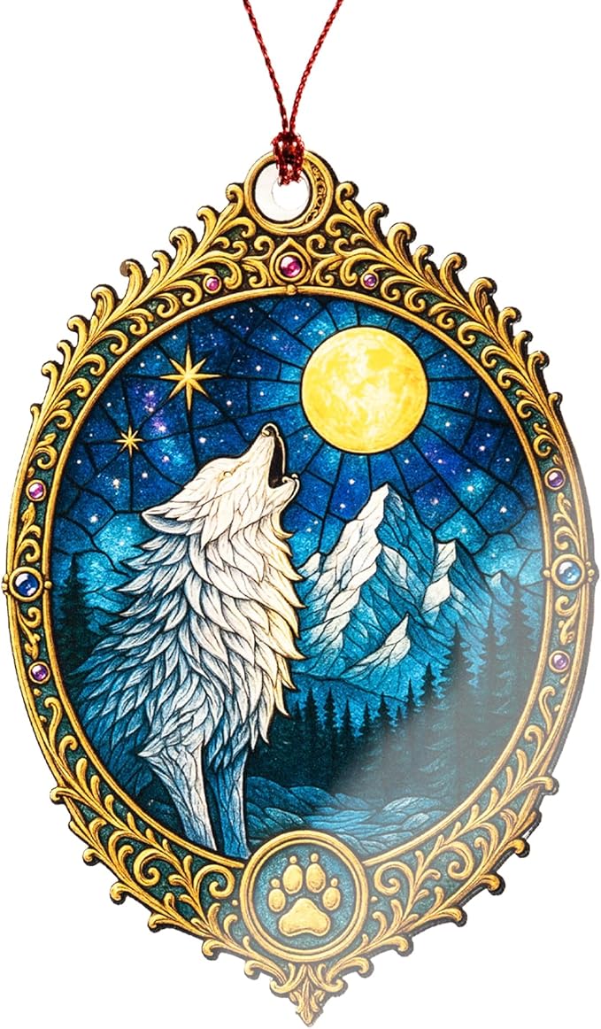 Wolf Ornament – Howling Moon – Night Sky Decor – Animal Spirit Card – Wilderness Gift – Christmas Holiday – Suncatcher Effect Stained Glass Window Hanging – Car Hanging