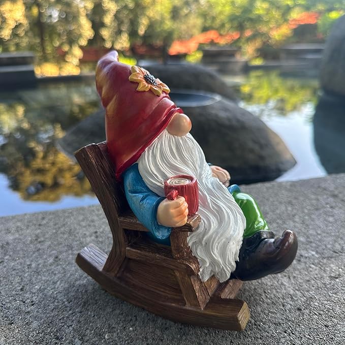 Drinking Coffee Faceless Garden Gnome Statue Decoration - 7.2" Rocking Chair Gnome Statue Figurine Ornament for Indoor Outdoor Home Patio Yard Lawn