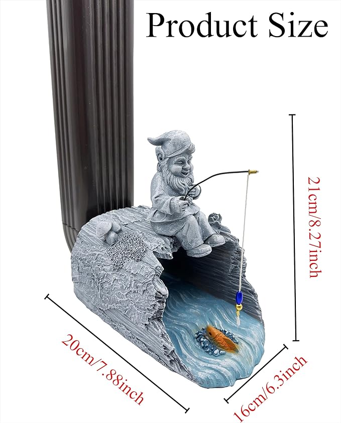 Gnome Fishing 3"x4" Decorative Gutter Extension, Outdoor Decor Sculpture - Garden Statue & Gutter Downspout Splash Block, Whimsical Gutter Diverter Rain, for Garden Collectors