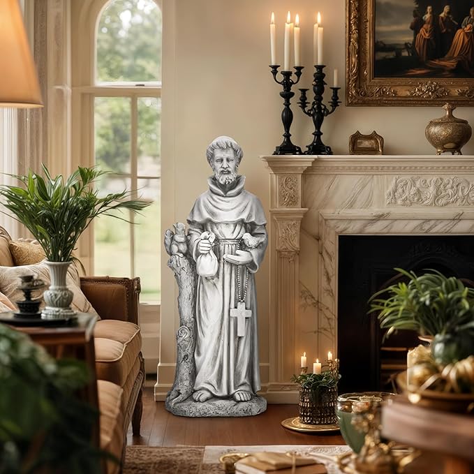 St Francis Garden Statue, 31" Saint Francis Catholic Outdoor Statues, Large Religious Christian Sculpture Deor for Prayer and Meditation, Patron Saint of Animals Patio in Magnesium Oxide Stone