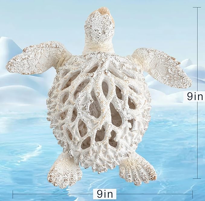 VVGIFTS Ocean Decor White Sea Turtle Coral Reef Home Office Decor Sculpture Beach Coastal Tabletop Shelf Collection (White)