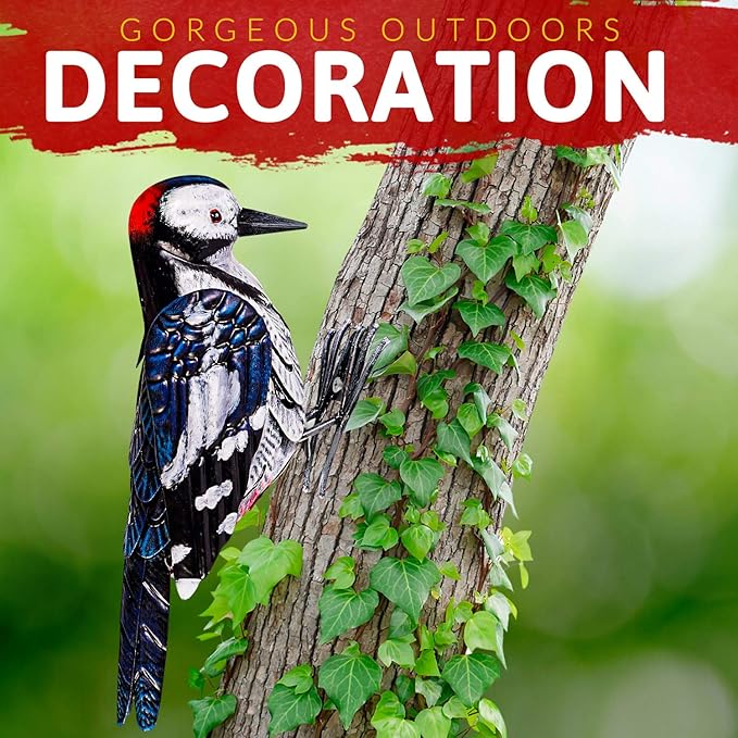 Metal Woodpecker Bird Figurine - Lifeilke Backyard & Garden Gift, Birds Statue Sculpture Art Large Realistic - Outdoor Fall Decor, Metal Yard Art