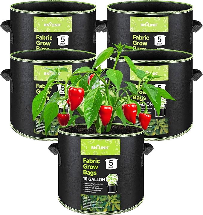 BN-LINK 5-Pack 10 Gallon Grow Bags, Heavy Duty Aeration Fabric Pots with Handles, Thickened Nonwoven Plant Bags for Vegetables, Flowers, Fruits