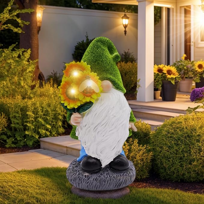 Garden Gnome Statues Decor with Solar Lights, Outdoor Decorations for Yard Porch Lawn Balcony Patio, Housewarming Gifts