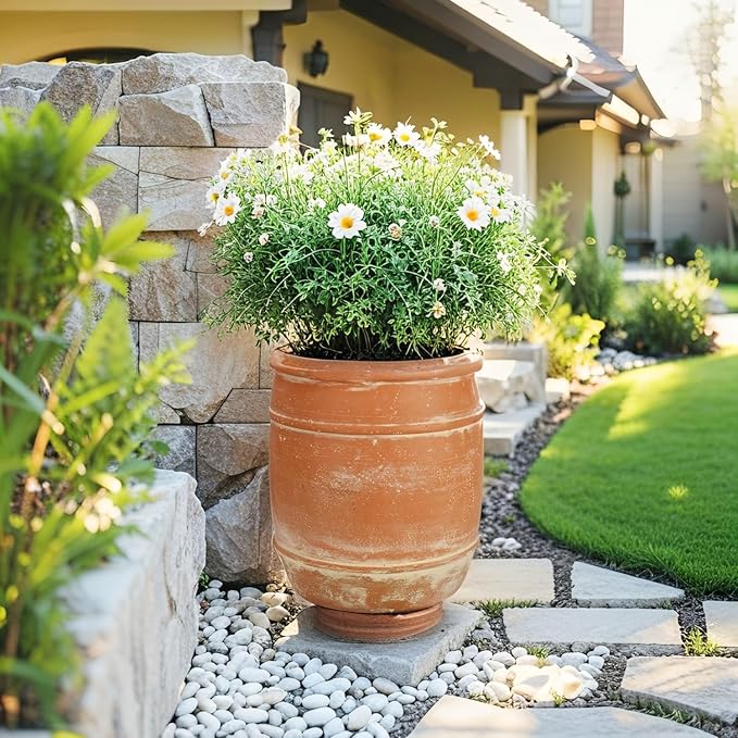 11" H x 9.5" Dia Fiberstone Planter – Rustic Terracotta-Style Flower Pot with Drainage Hole, Aged Clay Look Decorative Plant Container for Indoor Outdoor Patio Garden Home Décor