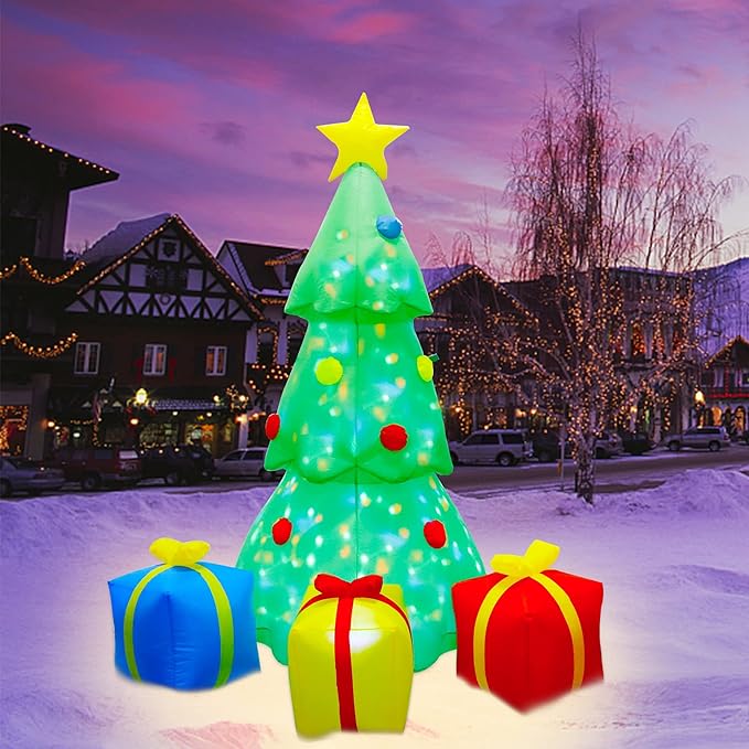 Joliyoou Christmas Yard Decorations, 5.9 FT Inflatable Lighted Christmas Tree with Rotating Projection Lamp, Jumbo Blow Up Xmas Tree with Gift Boxes Outdoor Indoor Decorations